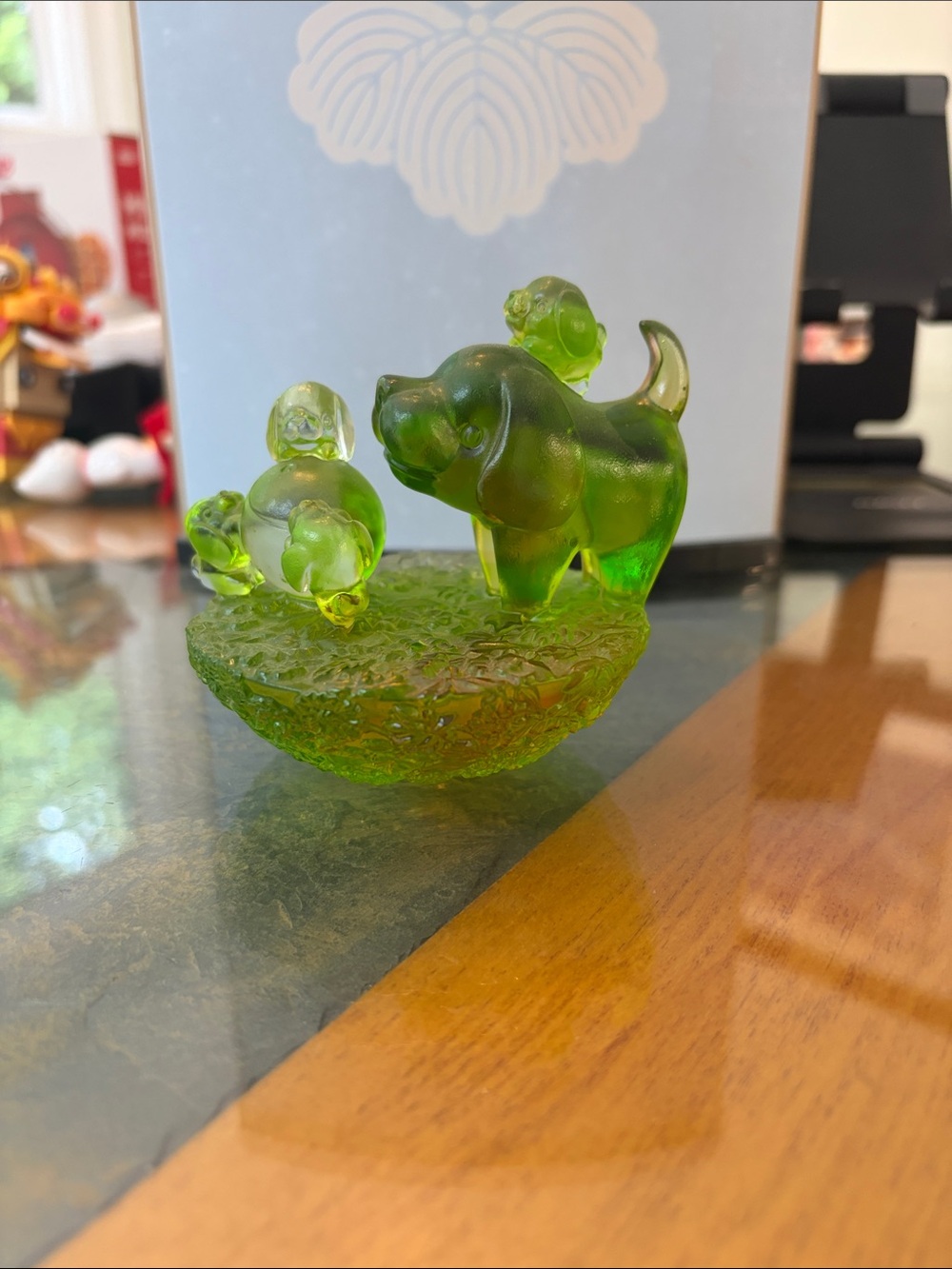 Green Glass Puppy Figurine Decorative Accent